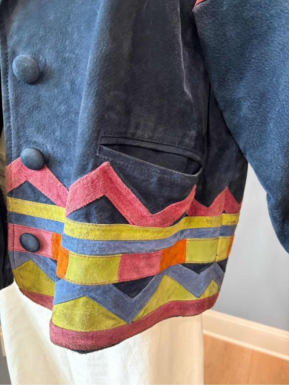 Rare Vintage Sonneur Suede Leather Jacket Faux Fur Collar Southwest Colorblock - Picture 3 of 10